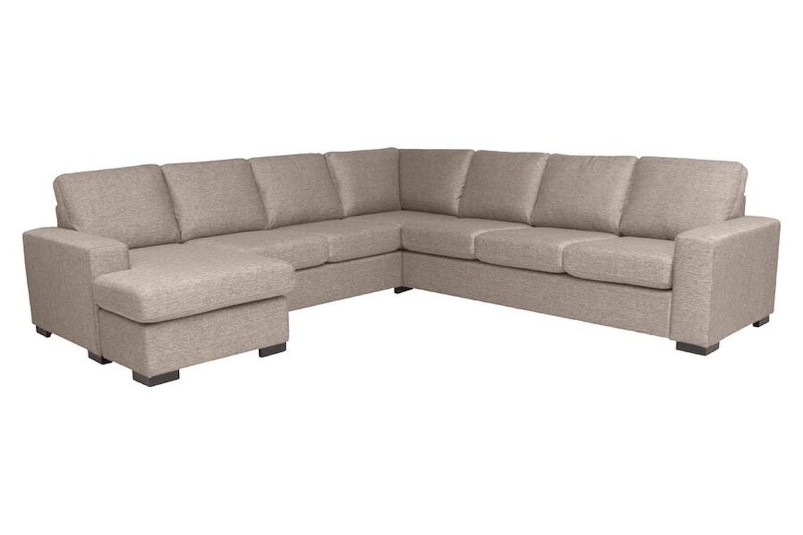 Max U-sofa 32 hjørnesofa med vendbar sjeselong (løs puffmodul). I tekstil Hyge 11 beige med sorte ben