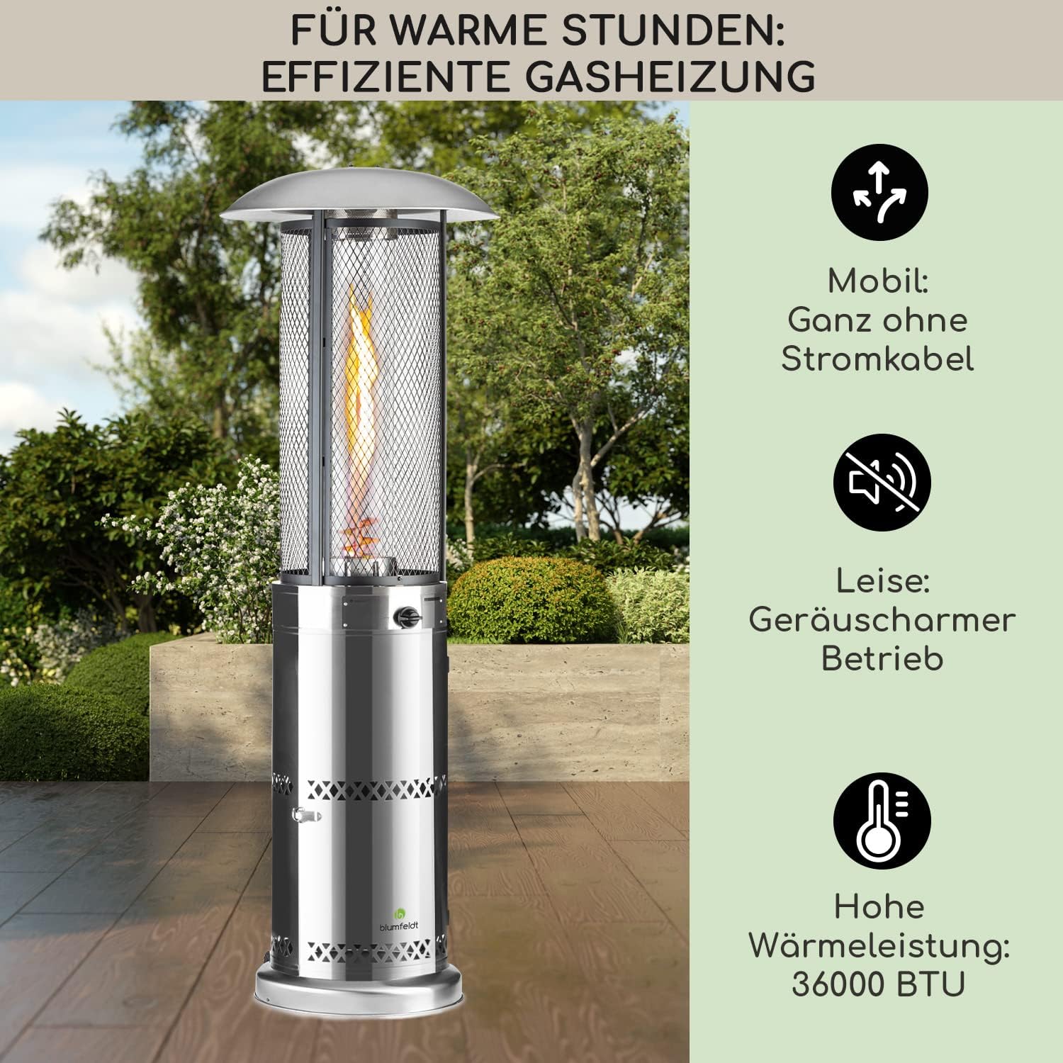 Blumfeldt Heizpilz Gas für Terrasse, Garten & Balkon, Terrassenheizer mit 360°Flammen-Blick, Outdoor-Gasheizstrahler, Terrassen-Heizer mit Elektrischer Zündung, Gas-Heizstrahler mit Bodenrollen