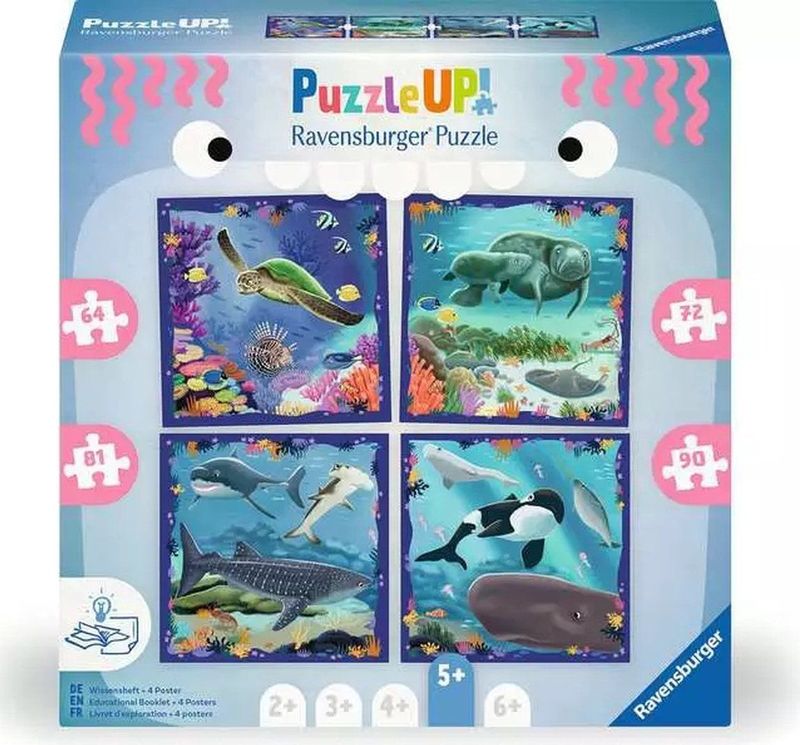 Puzzle UP! Meerestiere - 4x Kinderpuzzle mit 64, 72, 81 und 90 Teilen, inklusive Wissensheft - für neugierige Entdecker ab 5 Jahren