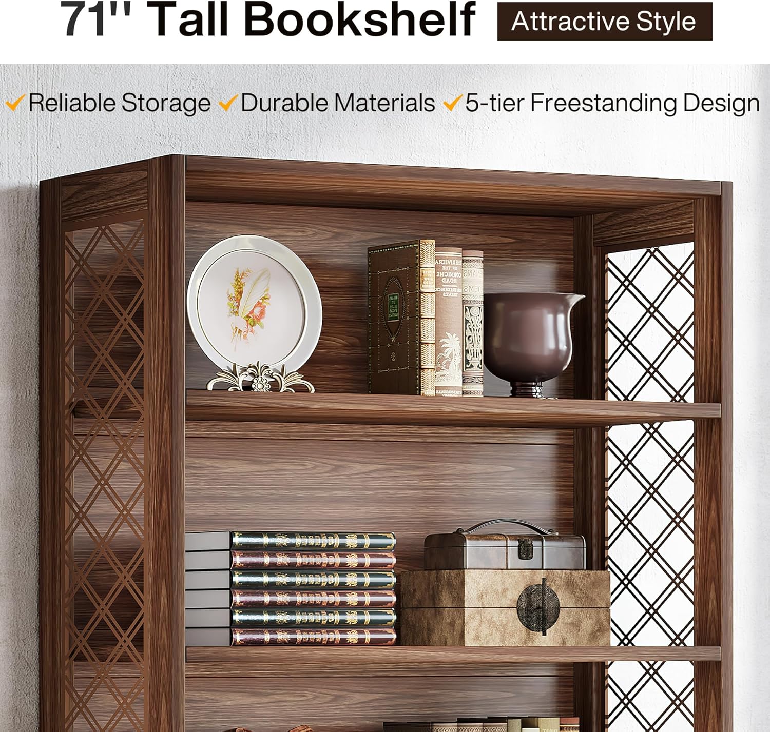 Tribesigns Bücherregal, 180cm hohes Vintage- Standregal, 6-stöckiges Bücherregal Holz,mit offenen Ausstellungsböden, für Wohnzimmer, Heimbüro, Industrie-Design, vintagebraun QO5024745