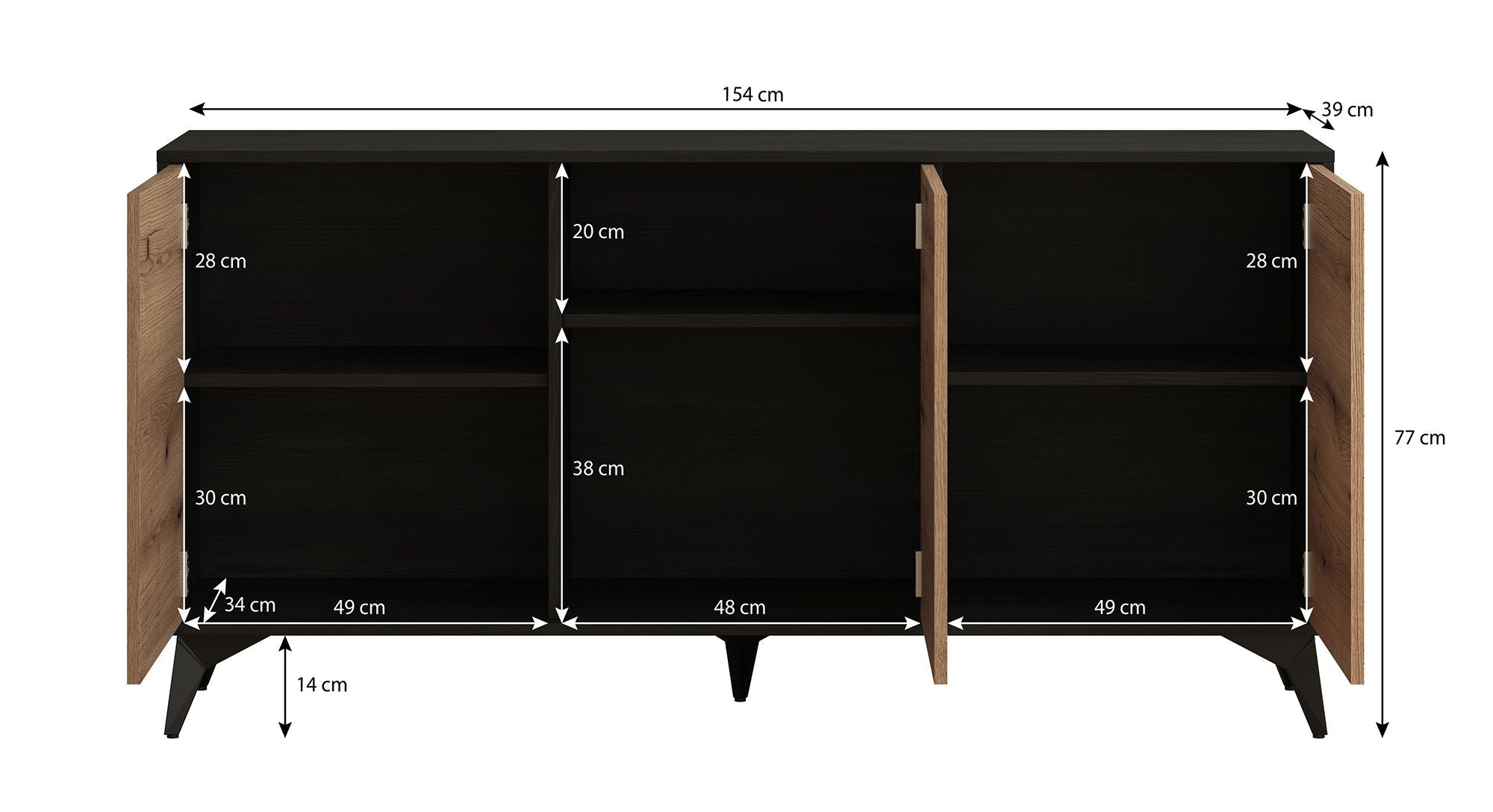 Meubella - Dressoir Dolores - Eiken - Zwart - 154 cm