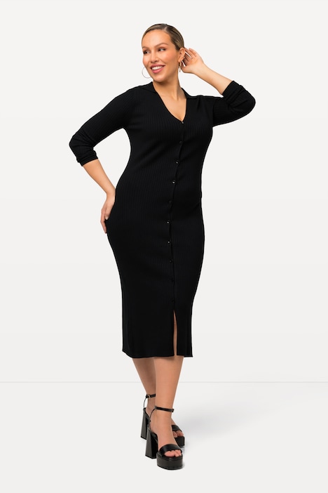 Strick-Midikleid, Hemdkragen, V-Ausschnitt, Langarm