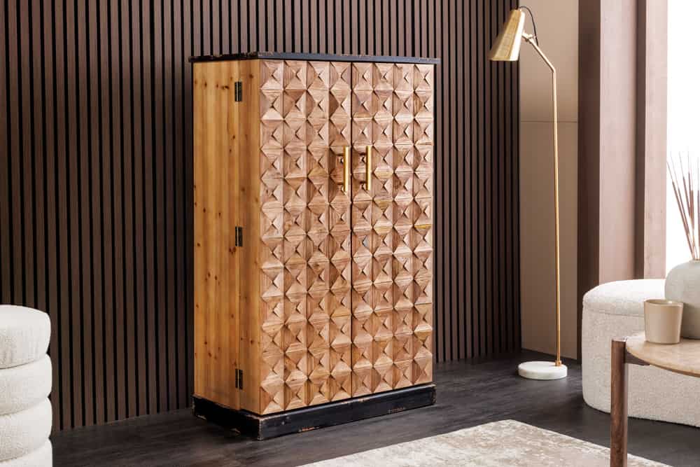 Design Barschrank BODEGA 120cm natur Pinienholz mit 3D-Front und Flaschenregal