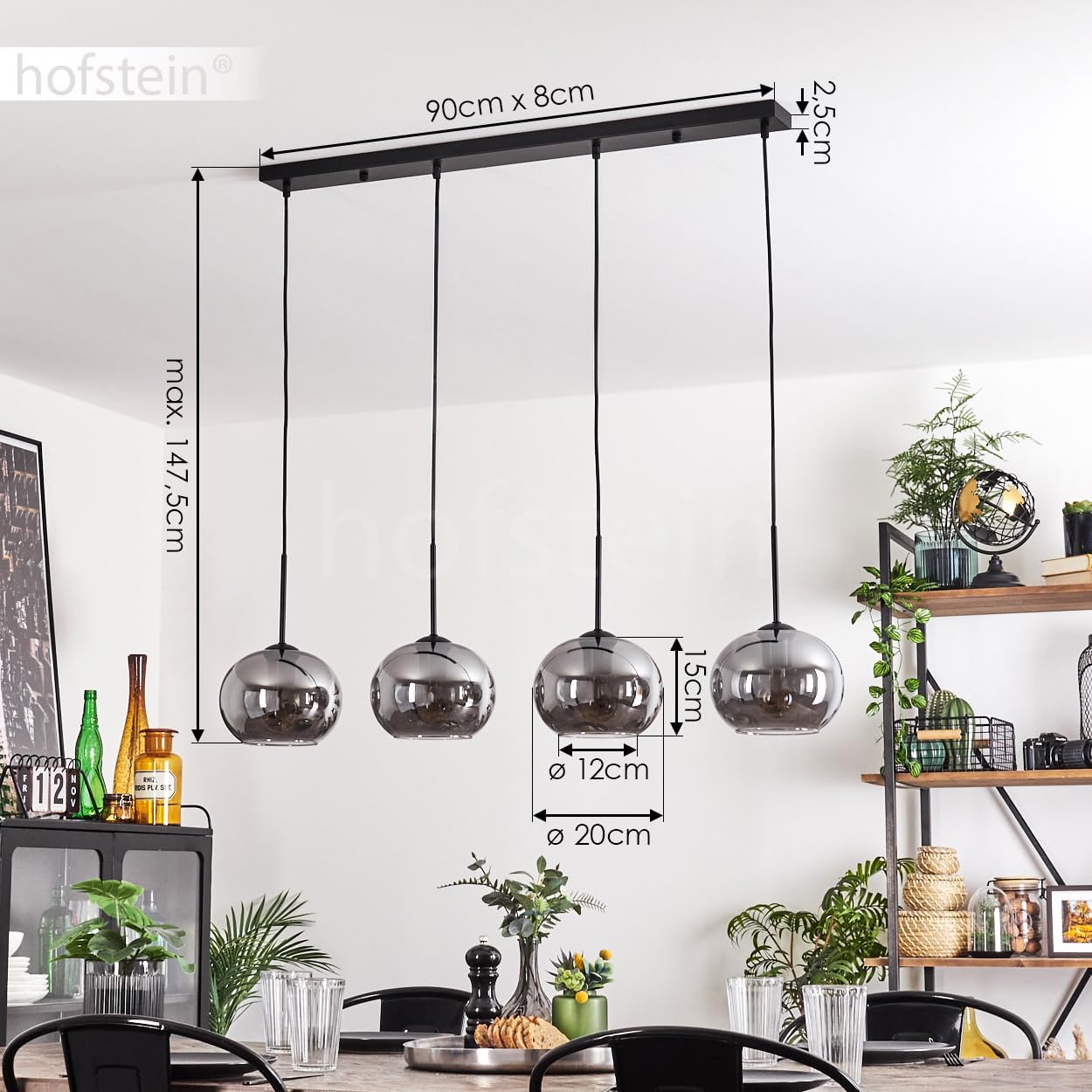 Hängeleuchte Apedo, Hängelampe aus Metall/Glas in Schwarz/Rauchfarben, Leuchte im Vintage/Retro Design mit Schirmen aus Glas (Ø 20 cm), Höhe max. 147,5 cm, 4 x E27, ohne Leuchtmittel