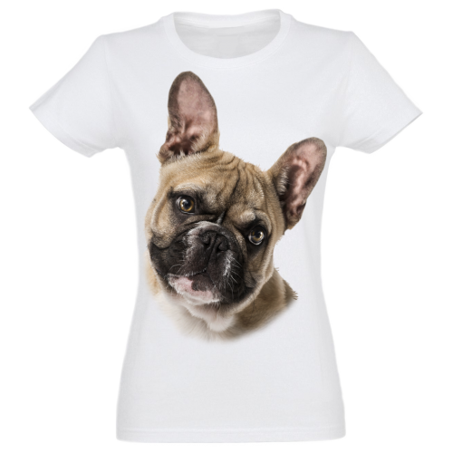 Camiseta feminina com estampa de Bulldog Francês, cinza.