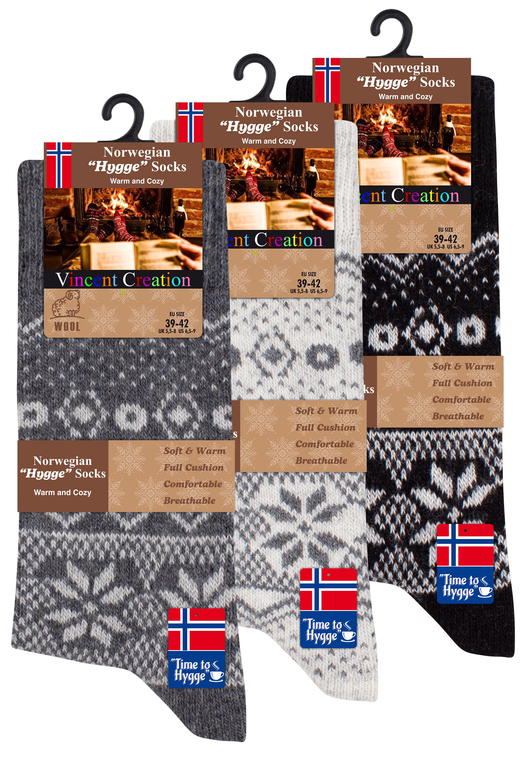 Vincent Creation® 3 Paar Bunte Norwegersocken Hygge Socken