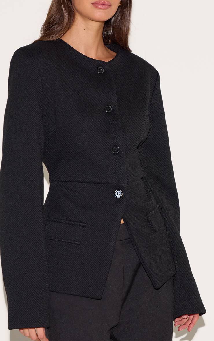 Noir Blazer Long Sans Col Avec Boutons