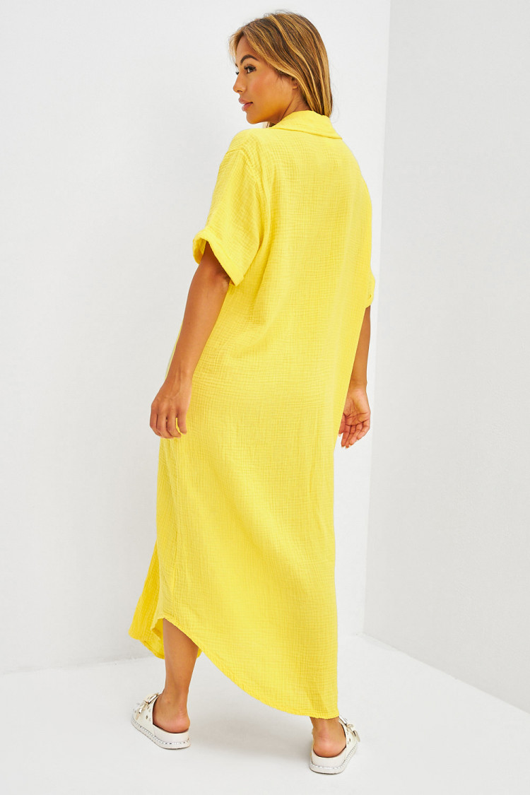 Robe longue maxi chemise en gaze de coton jaune
