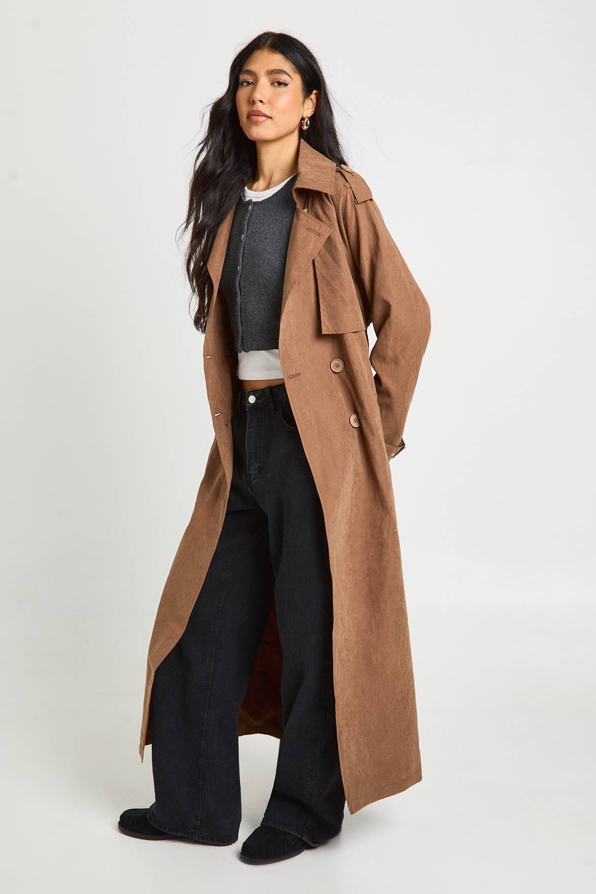 boohoo Trench-coat Long Oversize À Double Boutonnage Effet Peau De Pêche
