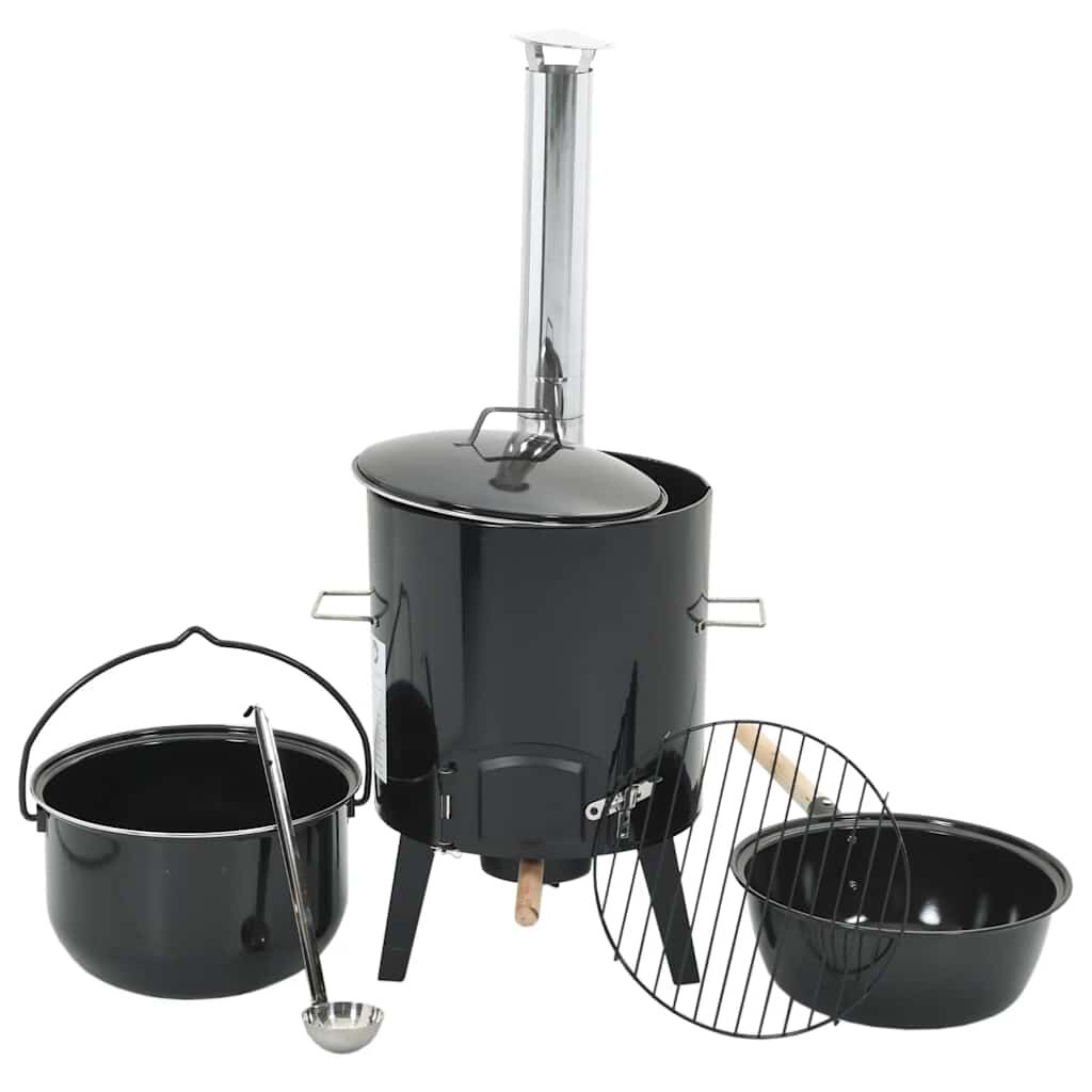 vidaXL Ketel met open haard, schoorsteen en deksel, staal, zwart emaille