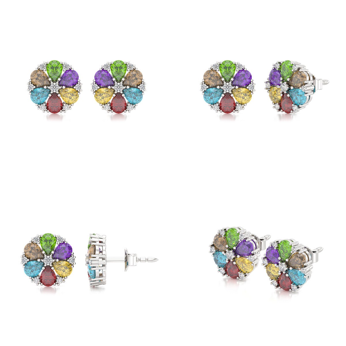 Boucles d'oreilles ADEN Or 585 Blanc Multi-Pierres semi-précieuses et Diamant 2.74grs
