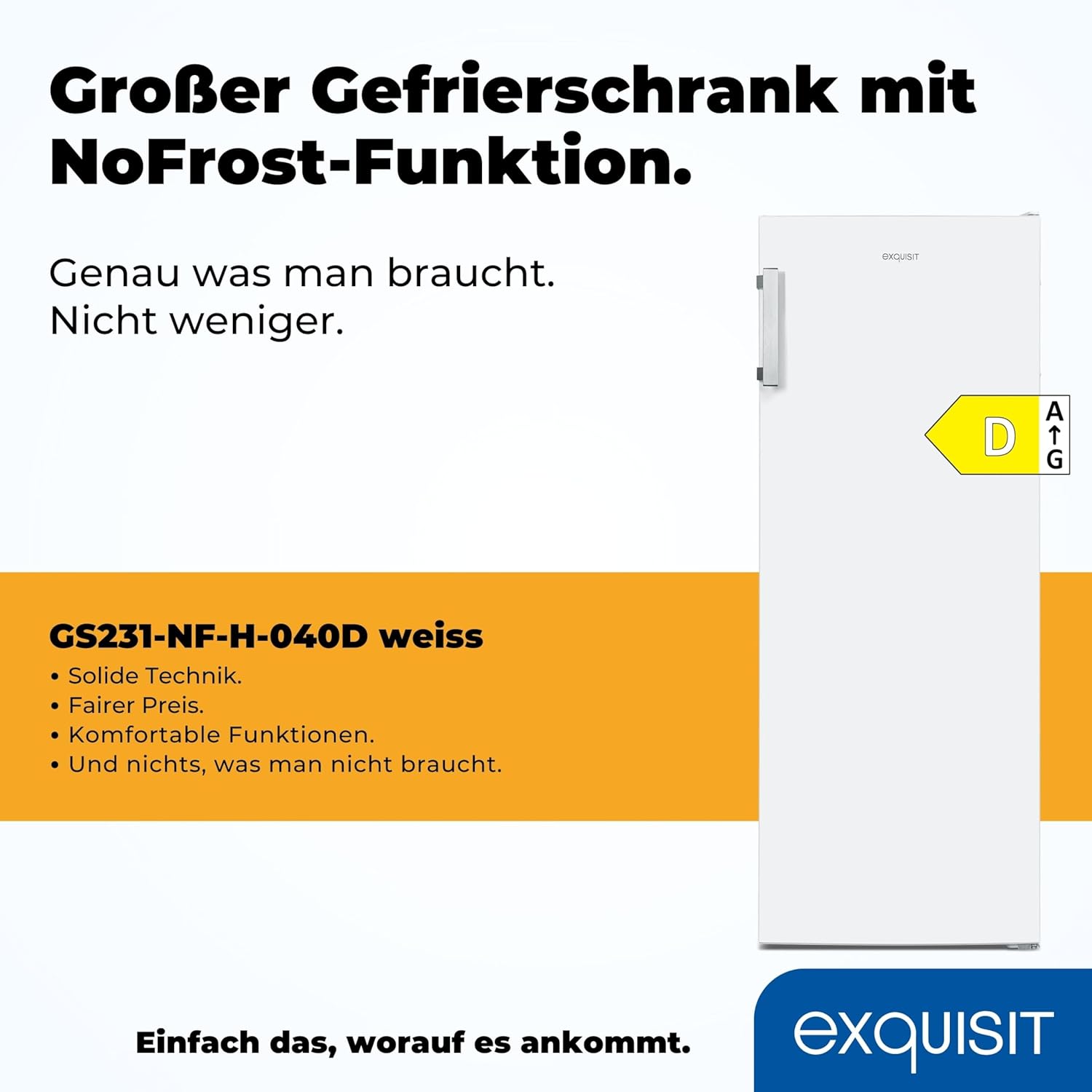 Exquisit Gefrierschrank GS231-NF-H-040D weiss | 161 Liter Nutzinhalt| Tiefkühlschrank | NoFrost | Tiefkühler elektronisch | Weiß