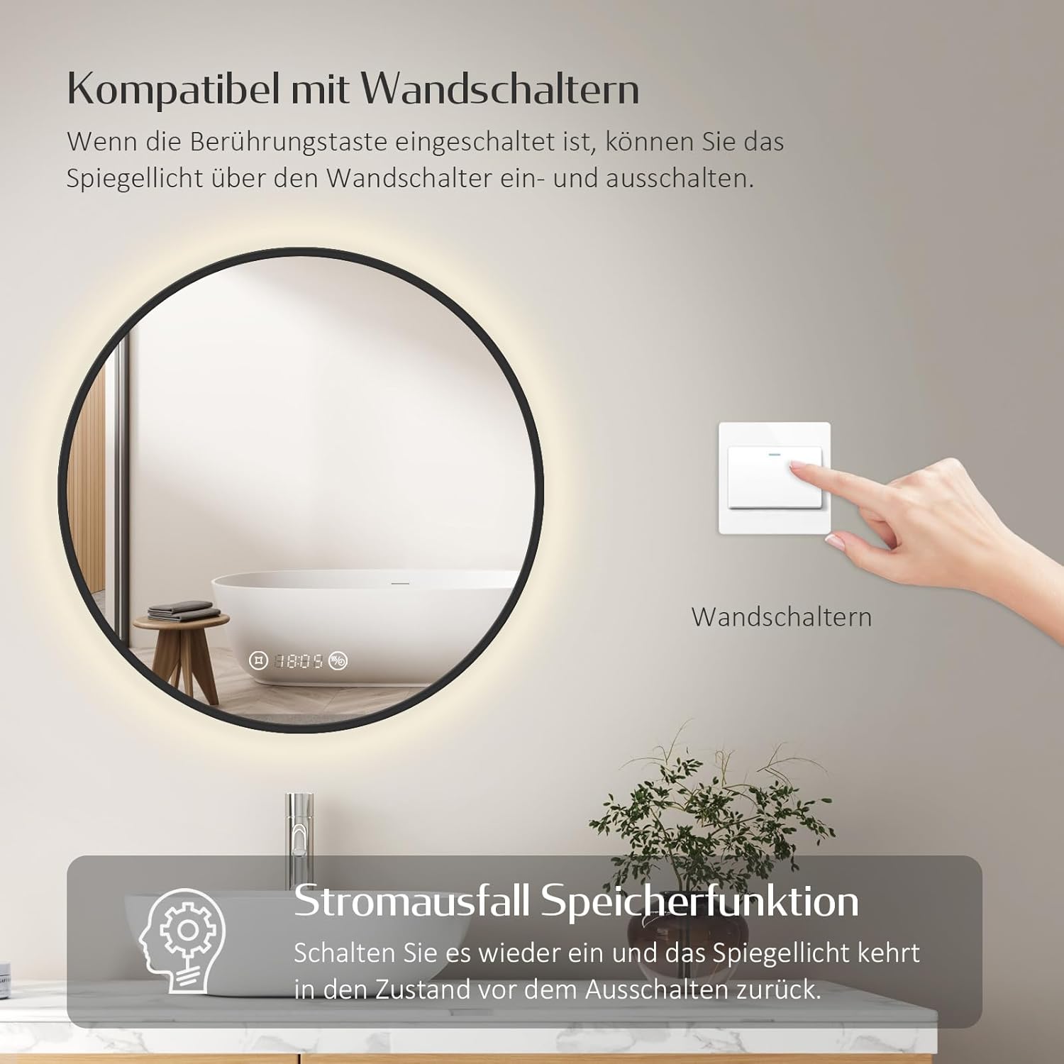 EMKE Badspiegel mit Beleuchtung rund 70 cm – Schwarzer Badezimmerspiegel mit Antibeschlag, Dimmbar, Uhr, Temperaturanzeige, Touch, Speicherfunktion, energiesparend Runder Spiegel