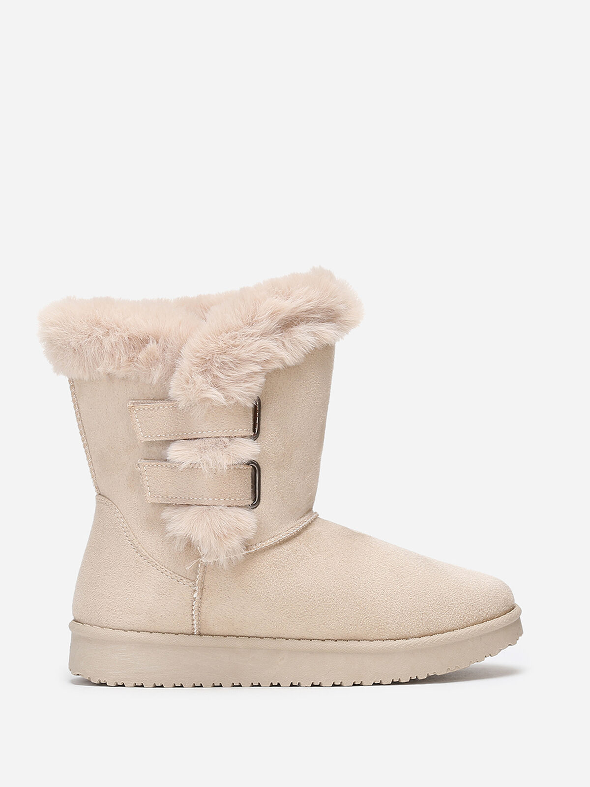 Boots en suédine et fausse fourrure à scratchs- Beige