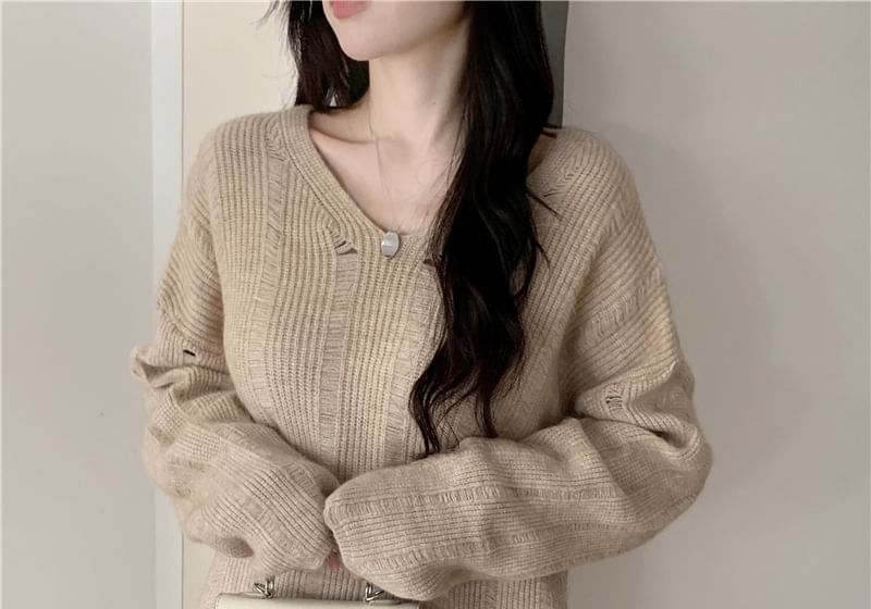 Lewwe - Set: V-hals effen geribbelde trui met distressed effect + hoge gebreide maxi-A-lijn rok