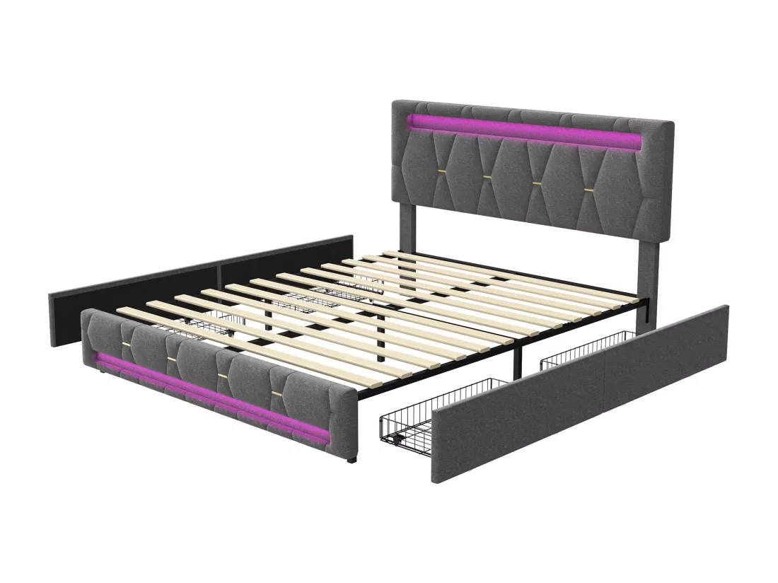 Lit 140x200cm avec 4 tiroirs + LED + sommier à lattes - lin - Gris