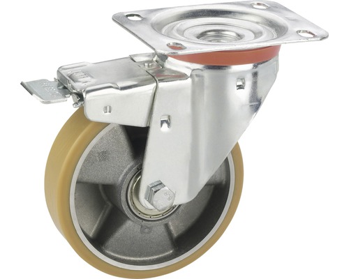 Tarrox vergrendelbaar transportmiddelwiel met aluminium velg en PU-loopvlak, draagvermogen tot 220 kg. 125 x 35 mm, plaatafmeting 100 x 85 mm