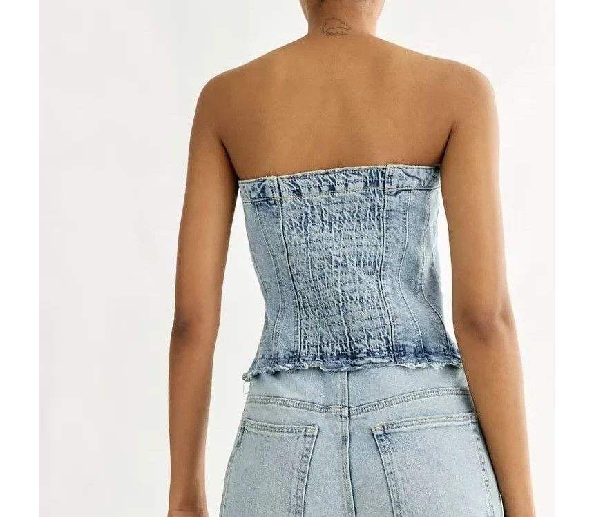 Avauntgardo - Strapless denim jumpsuit met wijde pijpen en wassing