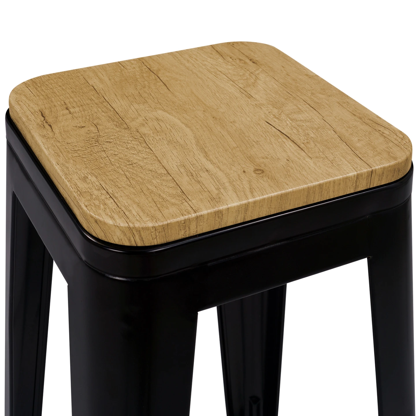 Lot de 4 tabourets de bar LENY métal noir mat assise bois empilable aspect brut factory