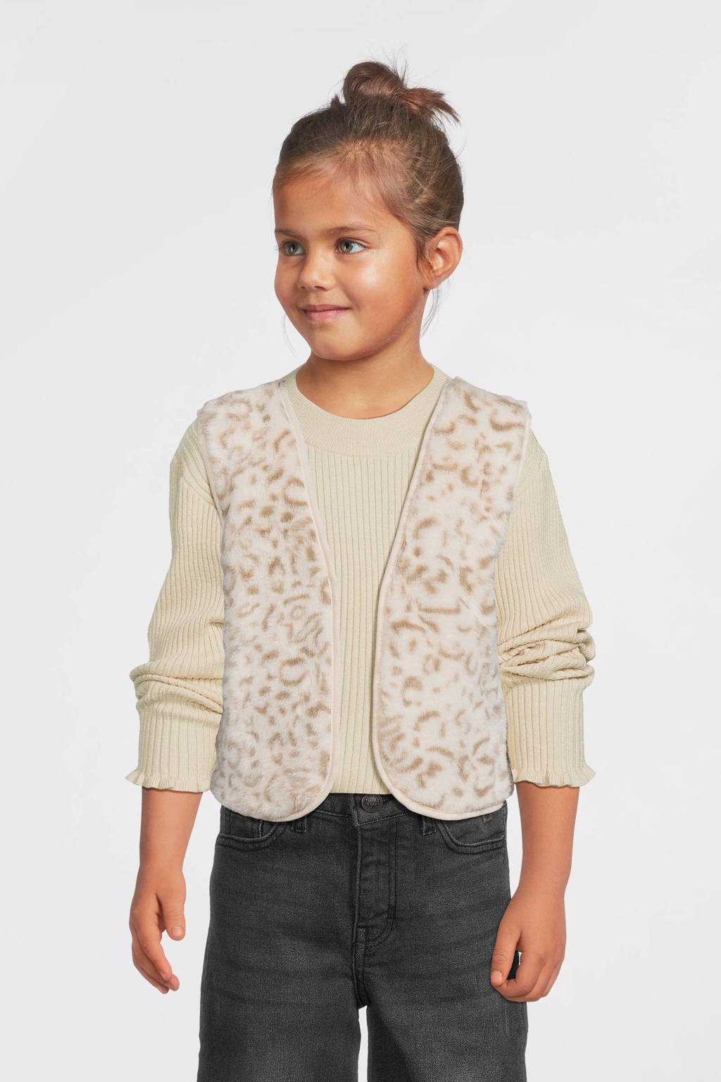 Moodstreet gebreid gilet Vajén met panterprint ecru/lichtbruin