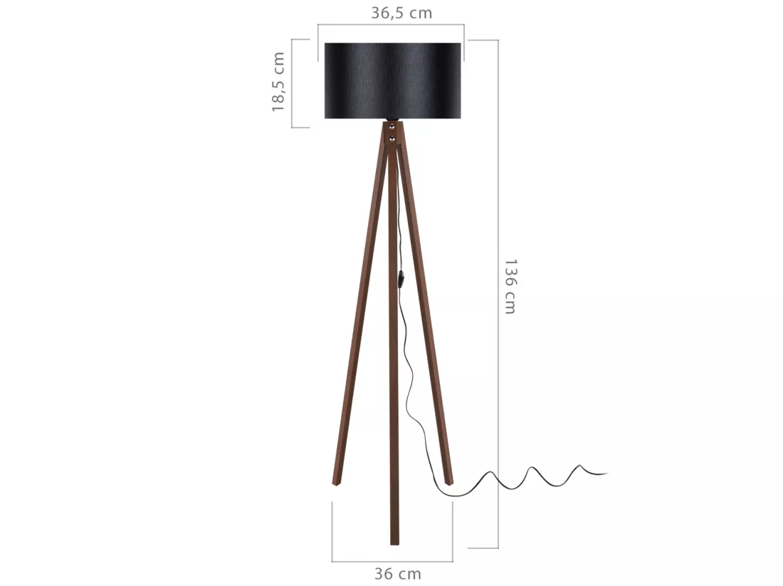Lampadaire Rochester trépied hauteur 136 cm E27 effet noyer / noir [lux.pro]