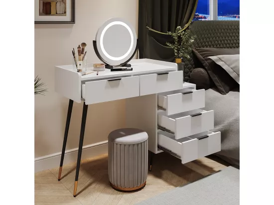 Table de toilette blanche (sans chaise), avec armoires latérales coulissantes, miroir à luminosité réglable, avec 5 tiroirs