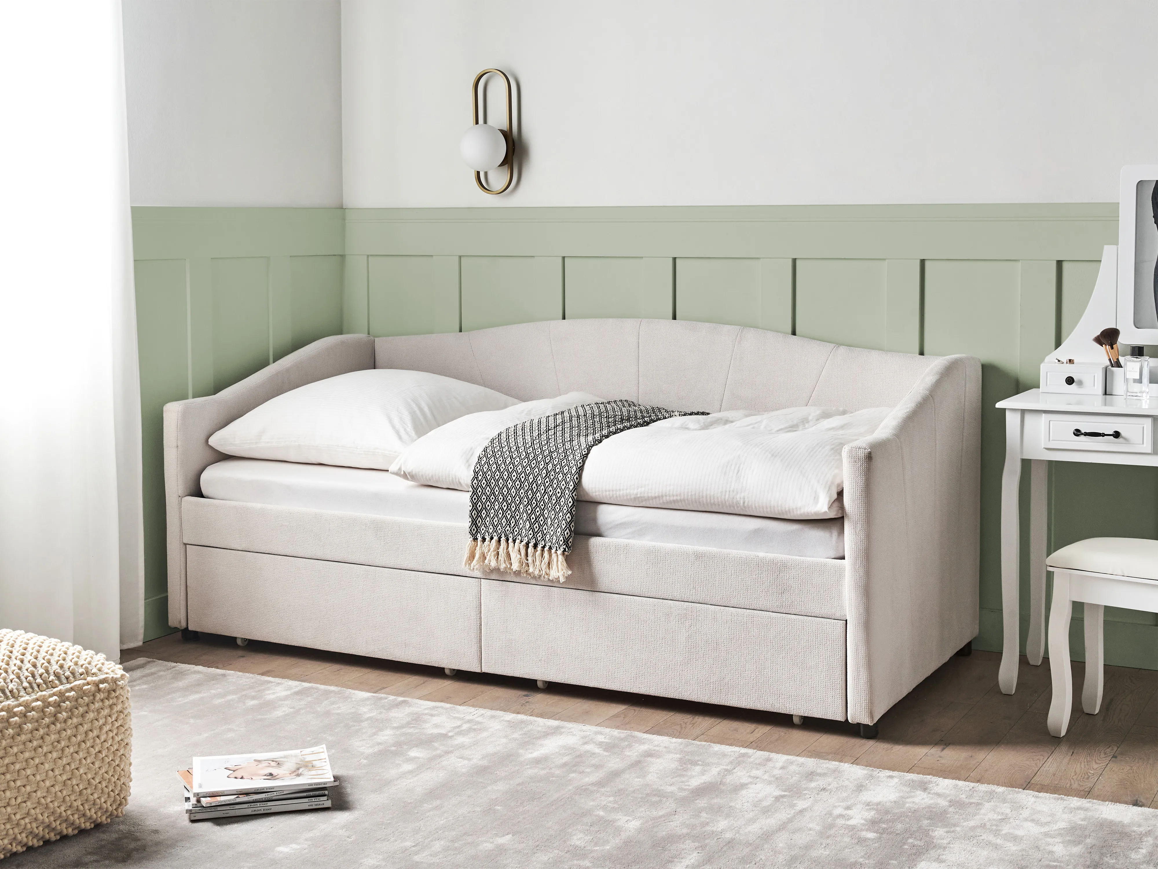 Bedbank met opbergruimte Stof VITTEL 90 x 200 cm Lichtbeige