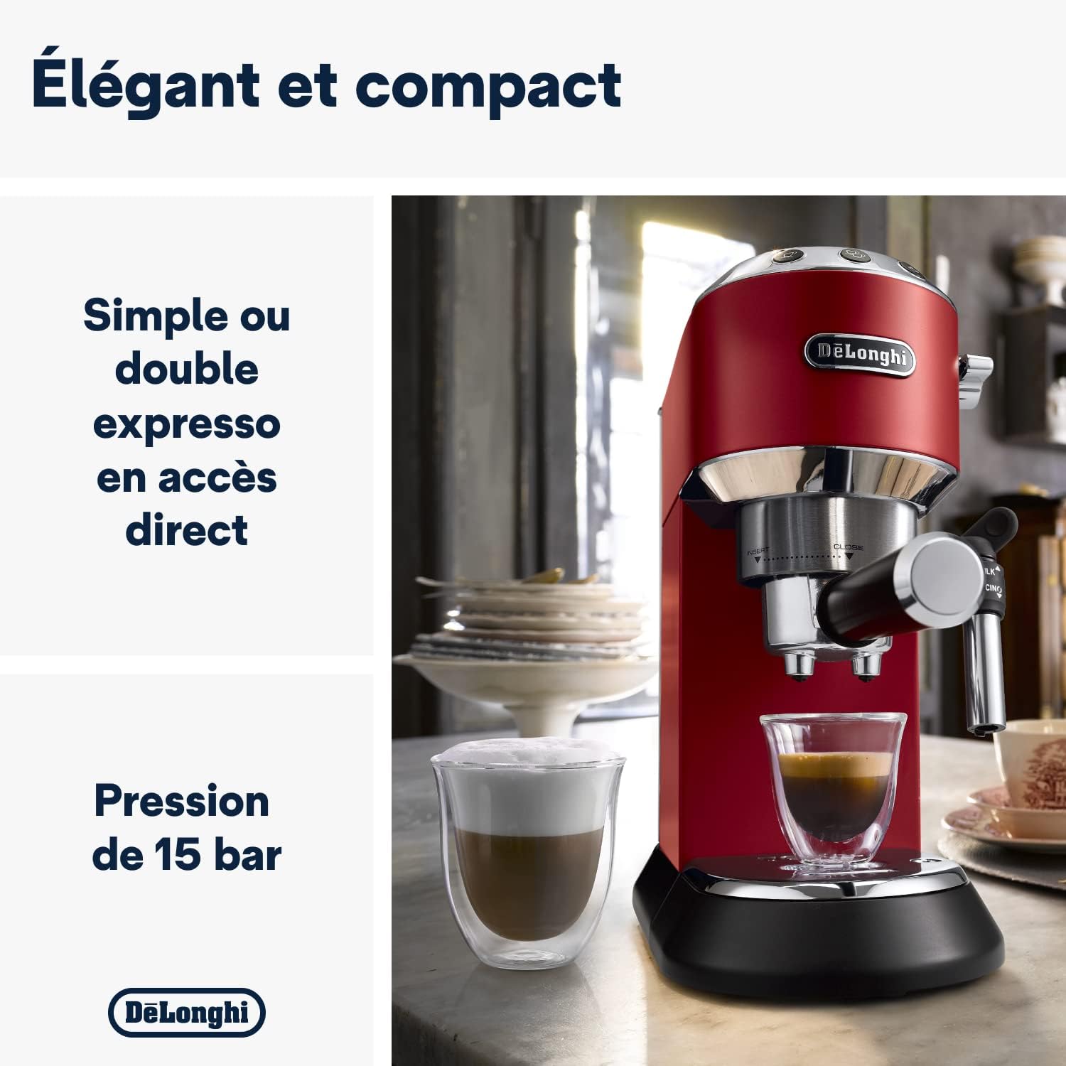 De'Longhi Dedica Style EC685.M, Machine à Expresso avec Buse à Mousse de Lait Professionnelle, Seulement 15 cm de Large, Réservoir de 1 L, Boîtier en Métal, Compatible avec les Dosettes E.S.E, Métal
