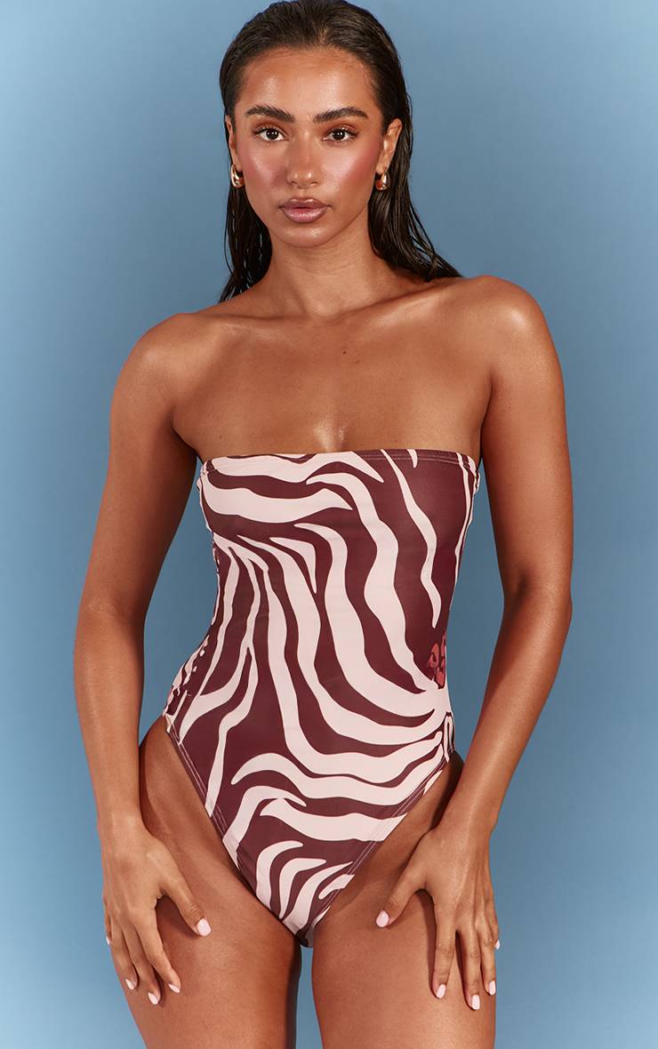 Marron Maillot De Bain Bandeau Imprimé Zèbre