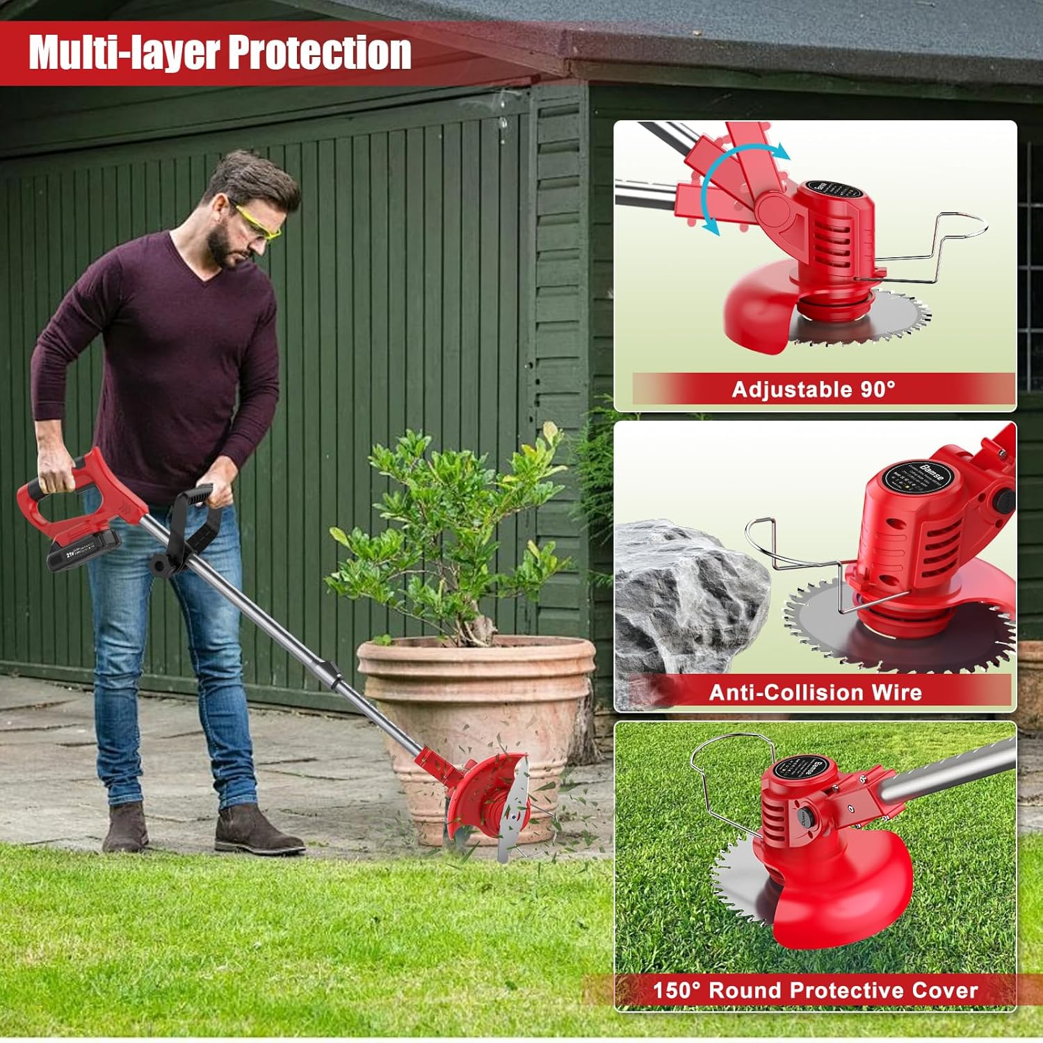 Bamse Rasentrimmer mit Akku – Akku Rasentrimmer, 11000 U/min, 2x2000mAh, Teleskopgriff 85–120cm, 2 Schneidköpfe – Freischneider Akku für Garten, Motorsense, Kantenschneider Rasen