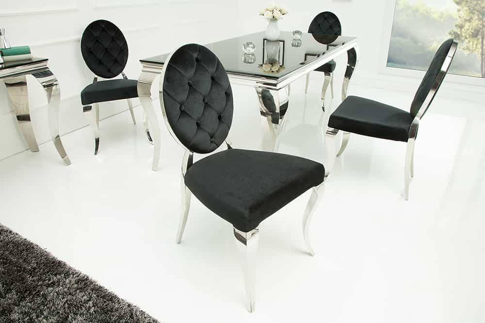 Eleganter Stuhl MODERN BAROCK schwarz Samt mit Knöpfen Edelstahlbeine