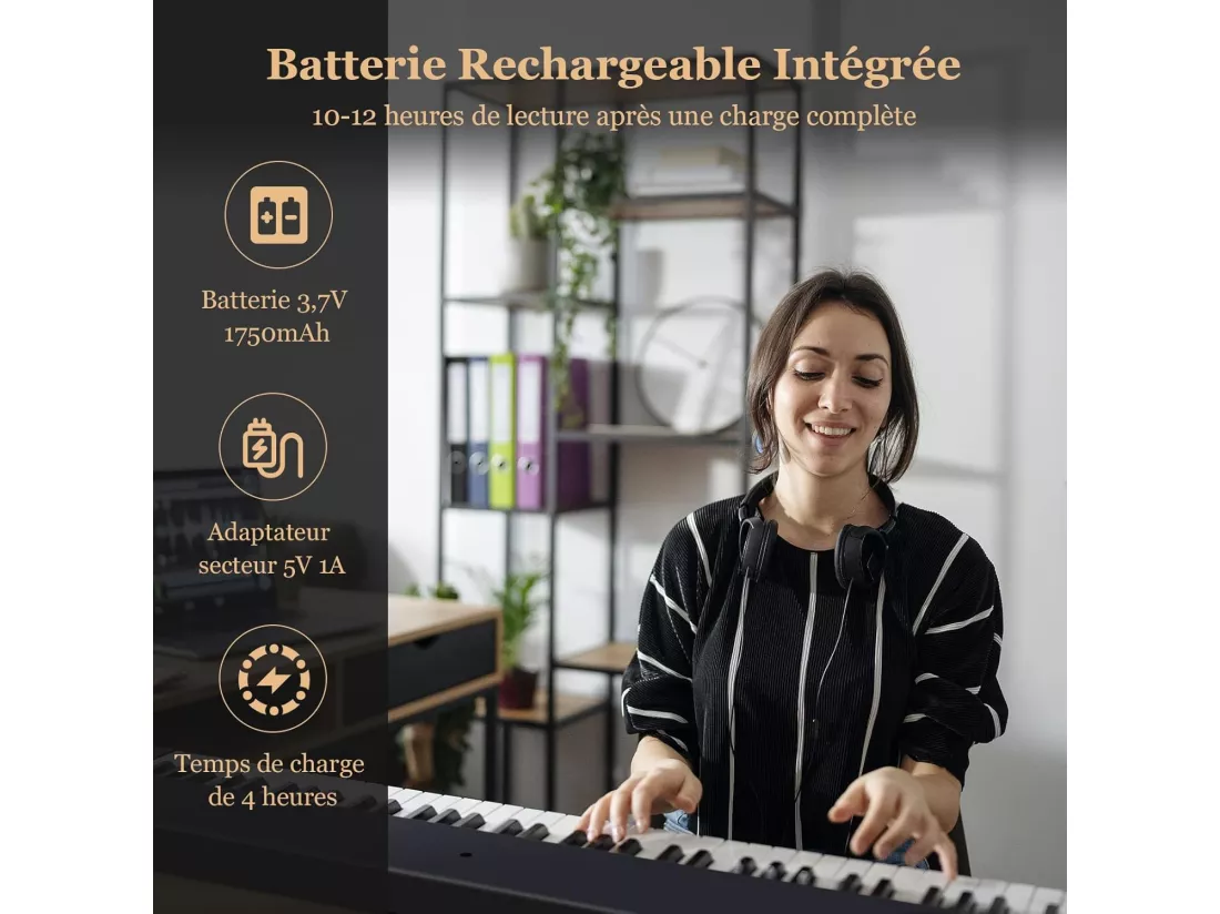 Piano Numérique Pliable à 88 Touches avec Pupitre, Clavier Electrique Portable avec Touche Lumineuse,2 Modes d'Apprentissage, MP3/USB/MIDI, 3 Ans+, Noir