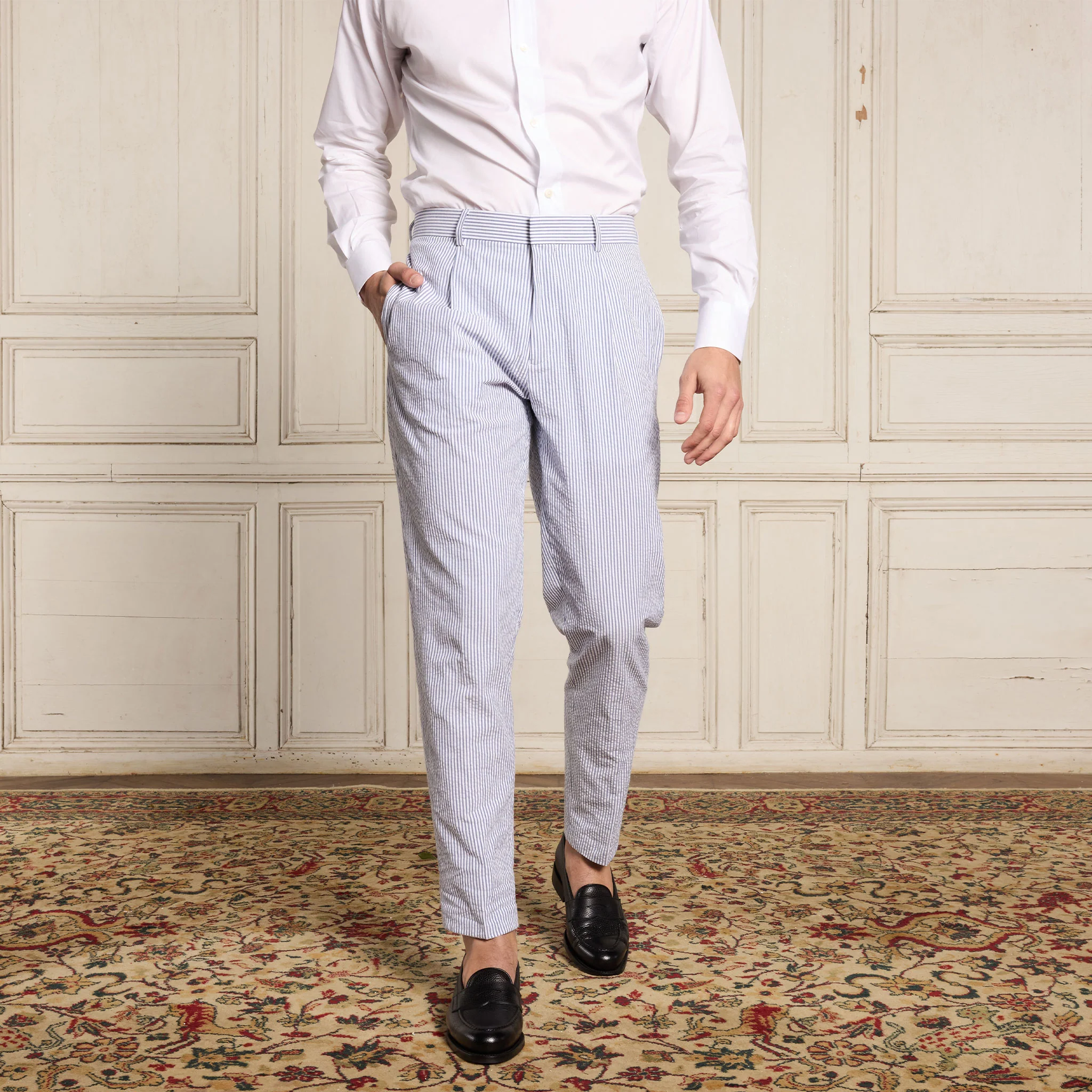 Blue Striped Seersucker Pleated Trousers