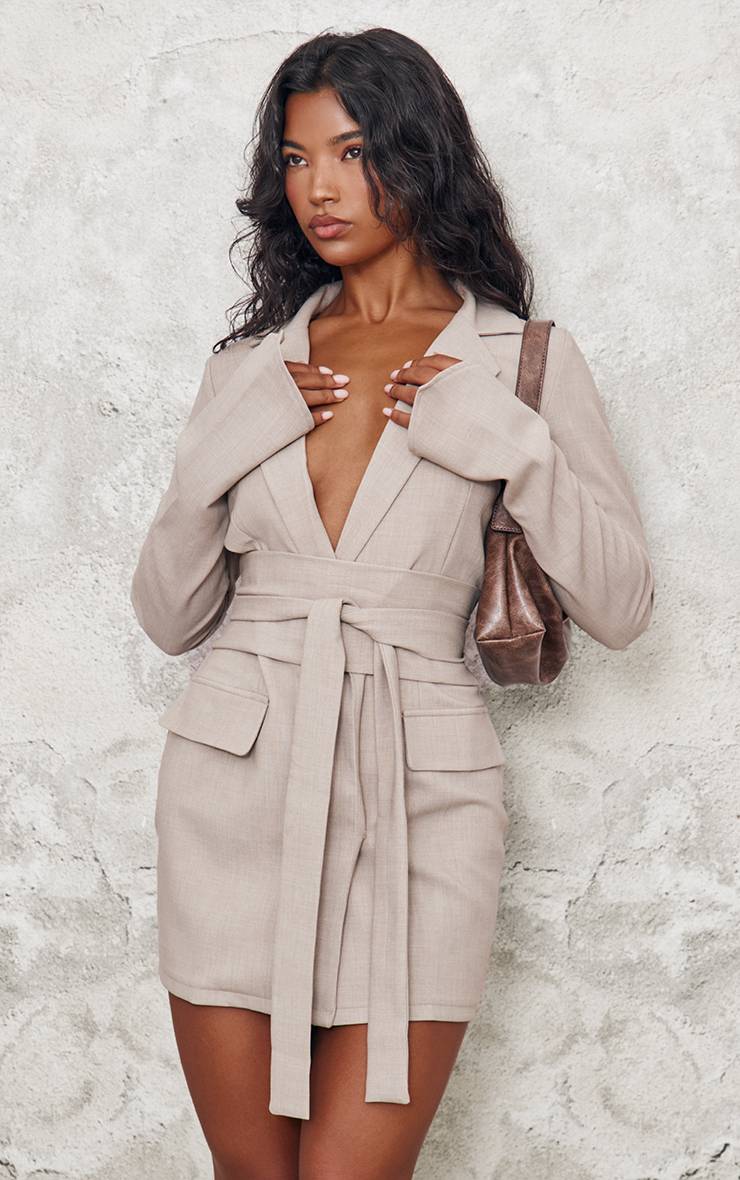 Gris Pierre Robe Blazer Ceinturée Portefeuille En Tissu Tissé