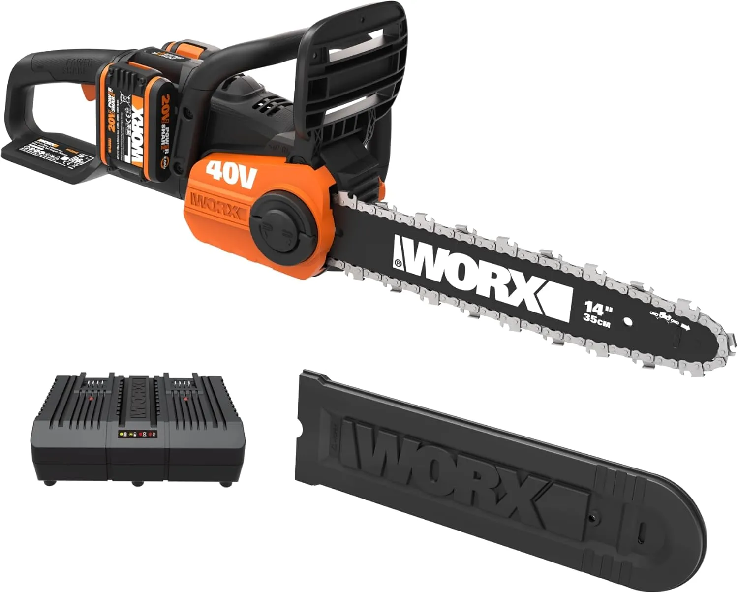 WORX WG384E Akku Kettensäge 40V - 35cm Schwertlänge - leistungsstarke bürstenloser Motor - werkzeugloses Kettenwechsel - 8 m/s Schnittgeschwindigkeit - leicht & kompakt - inkl. 2x2Ah Akku & Ladegerät