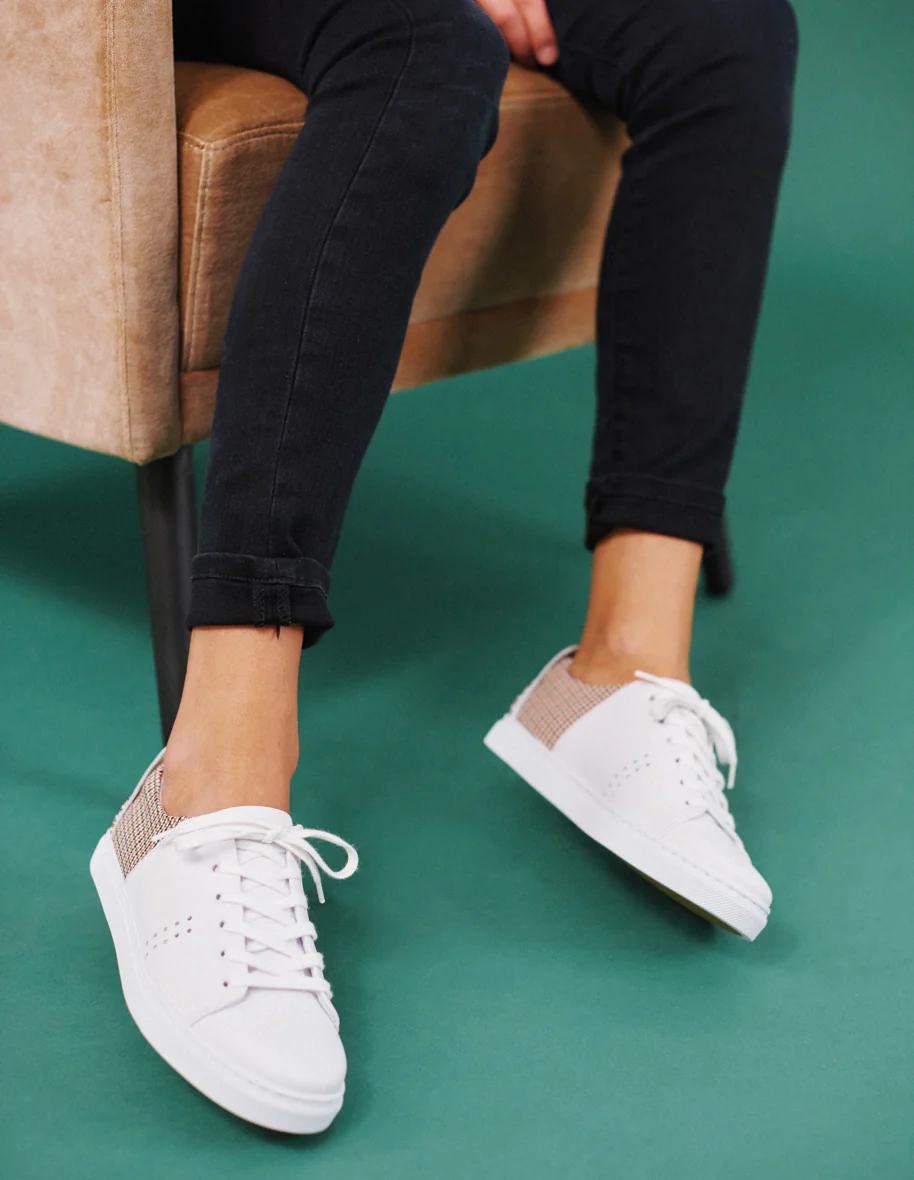 Baskets basses Renée - Cuir blanc et PDP marron