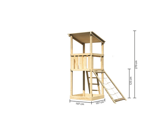 Speeltoren/speelhuis Karibu Anna, 107 x 107 cm, van hout, bestaande uit een nethelling
