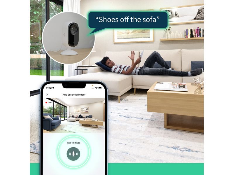 Arlo Essential 2K Indoor VMC3260 Weiss, 2er Set Komplette Heimsicherheit. Einfach anschliessen und Ihr Zuhause mit der 2K Sicherheitskamera schützen.