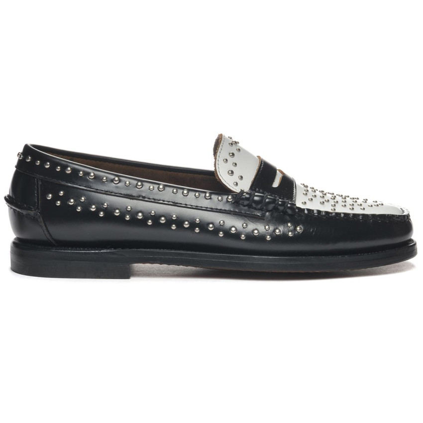 DAN STUDS Black WHITE MOCASSIN-Mocassin pour femme en cuir clouté