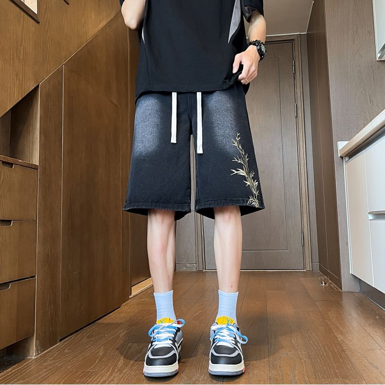 Hushgrain - Geborduurde gewassen denim shorts met trekkoordtaille