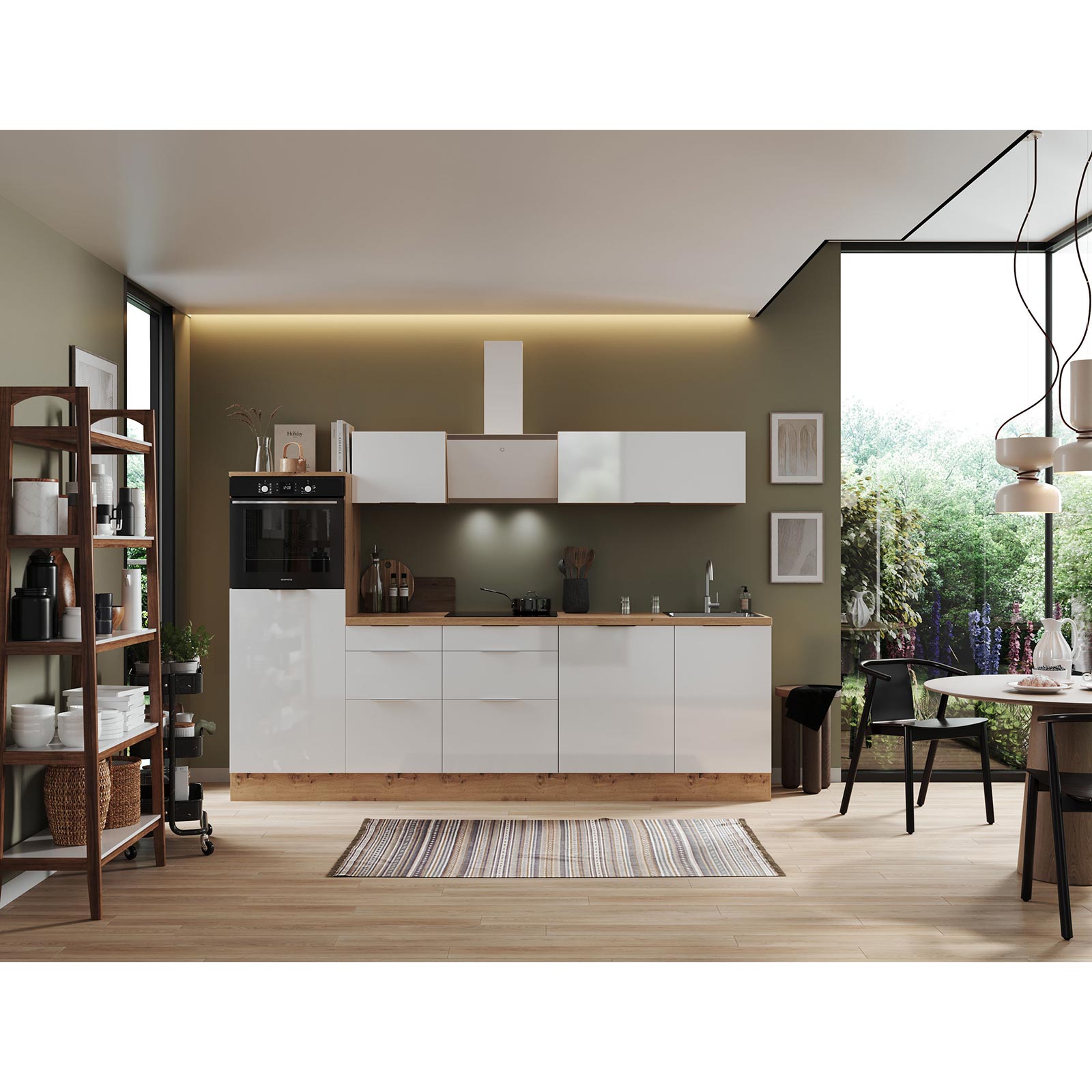 RESPEKTA Küchenblock - weiß Hochglanz - Artisan Eiche - mit E-Geräten - 280 cm