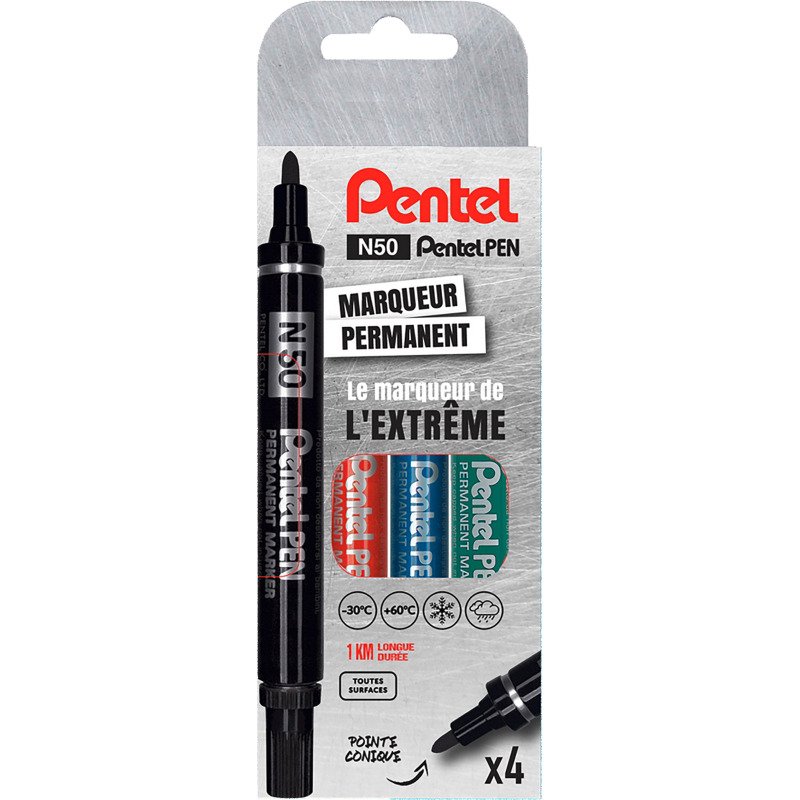 Marqueur permanent Pentel N50 pointe ogive 4,3 mm - Pochette de 4 couleurs assorties