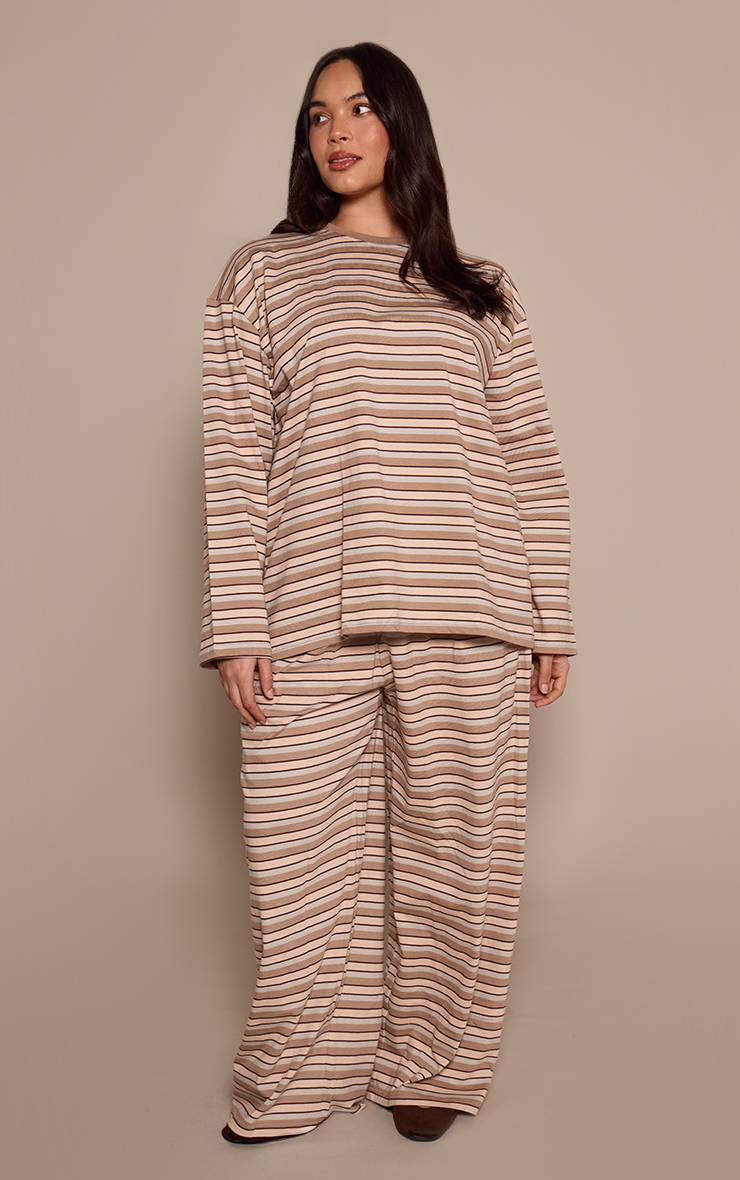Light Brown Pantalon Large Rayé Grande Taille Avec Cordon De Serrage Ensemble Coordonné