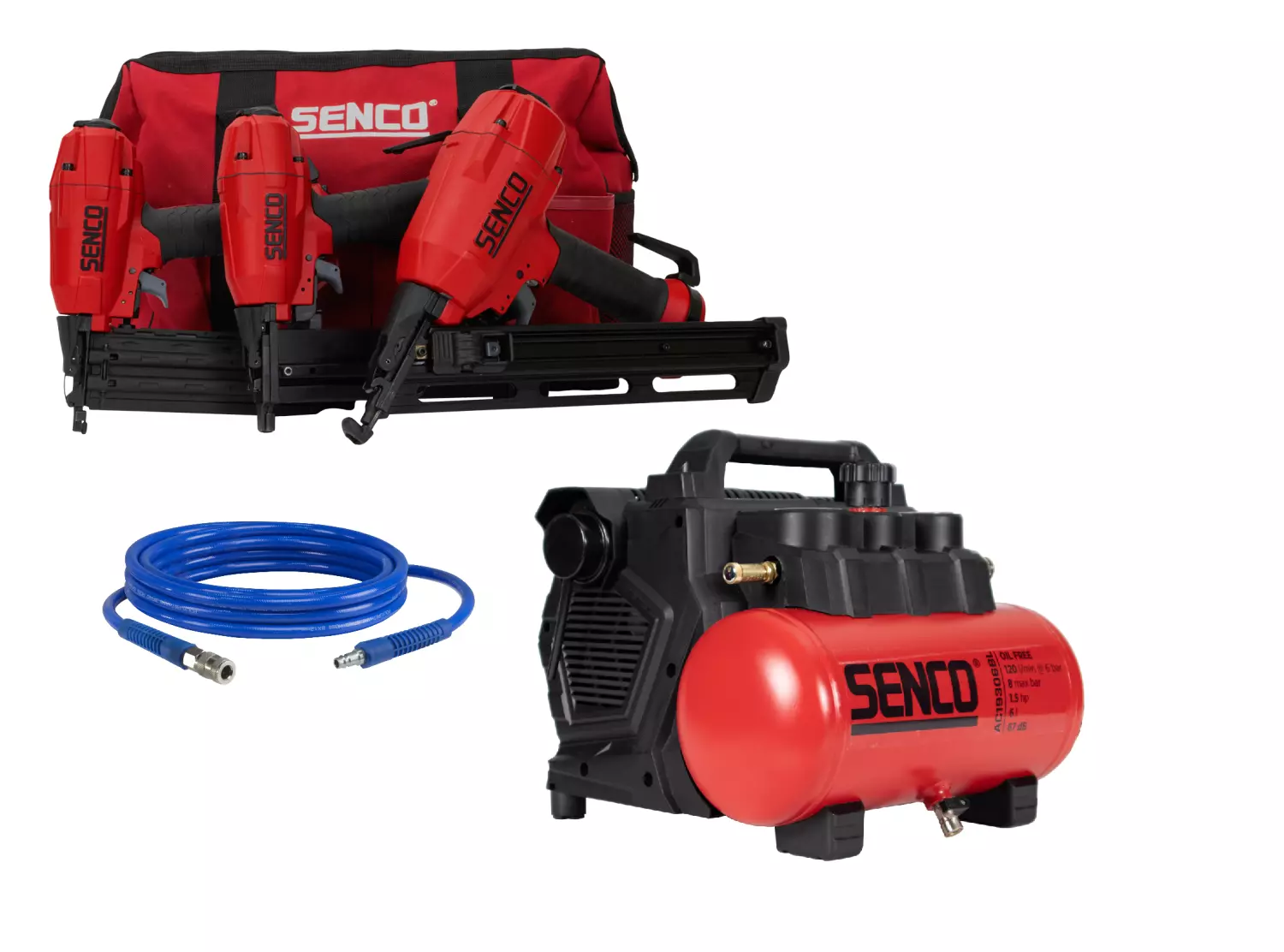 Senco 3-in-1 Pneumatische tacker set in tas met compressor en luchtslang