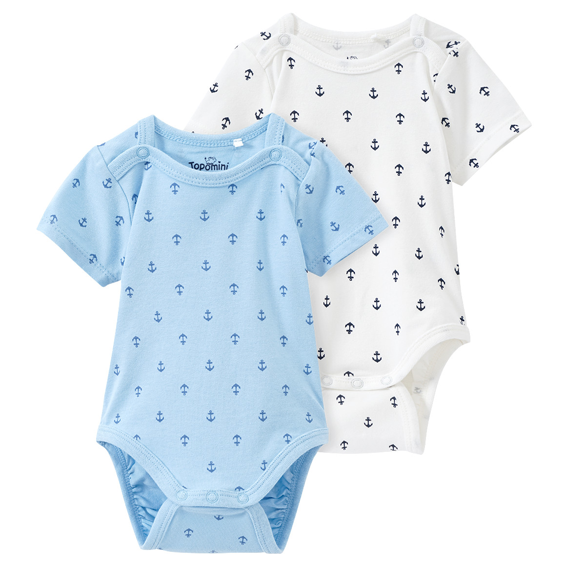 Topomini 2 Baby Bodys mit Anker-Print allover weiss / hellblau