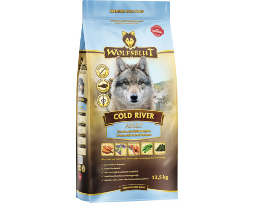 WOLFSBLUT Cold River Adult droog hondenvoer, forel en zalm met zoete aardappelen en waardevolle superfoods, graanvrij, glutenvrij, 12,5 kg