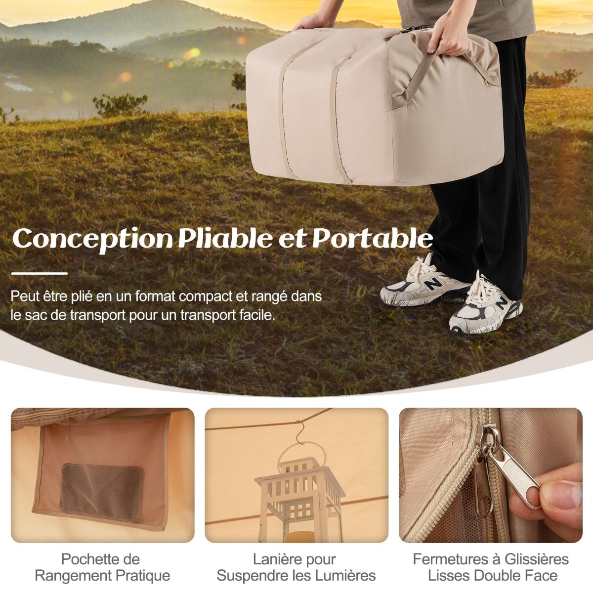 Tente de Camping Gonflable 6 m² pour 4-6 Personnes Tente en Coton Coupe-vent et Imperméable avec Pompe 7 Fenêtres à Moustiquaire Beige - Lidl-Manfred