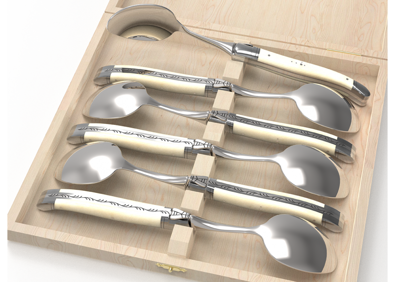 Service de 6 grandes cuillères Laguiole avec un manche en os de bovin et mitres en acier inoxydable