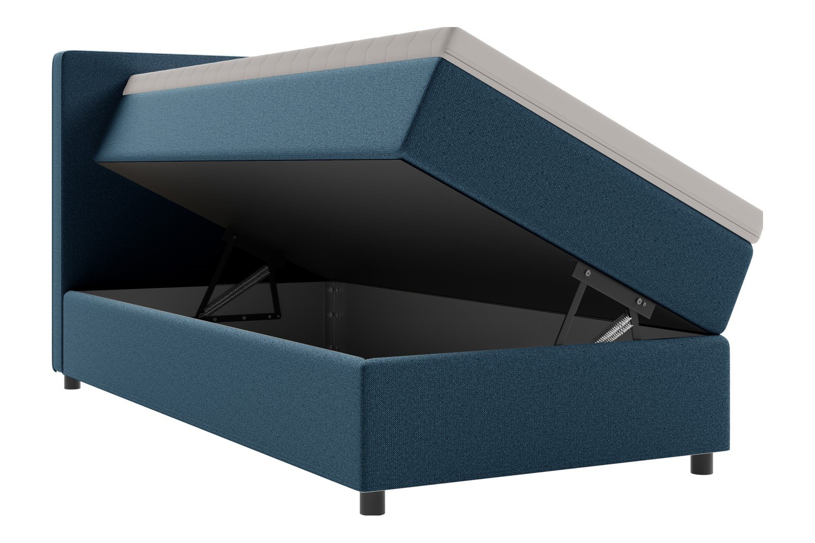 Premium 10 oppbevaringsseng 90x200 cm Magasinseng med oppbevaring, åpnes fra siden. I tekstil terranova 21 blå, med fast fasthetsgrad og premium 10 overmadrass,sorte ben. Sengegavl selges separat.