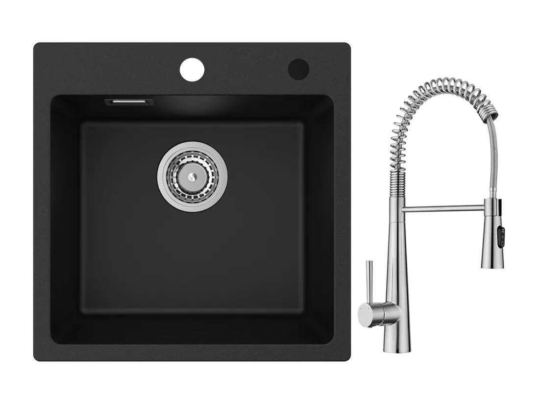 Cecipa max Evier Quartz Noir 45x45 cm Evier 1 Bac en Quartz et Résine + Mitigeur de Cuisine à Ressort avec 3 Modes de Sortie D'eau, Brossé